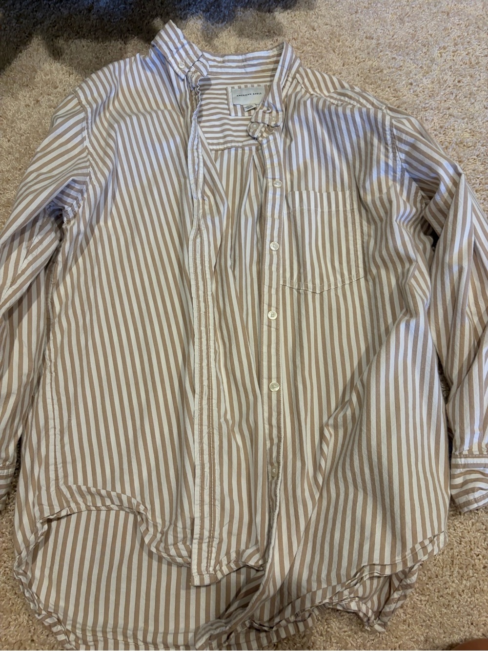 American Eagle Outfitters Tan and White Striped Lightweight Shirt Jacket
